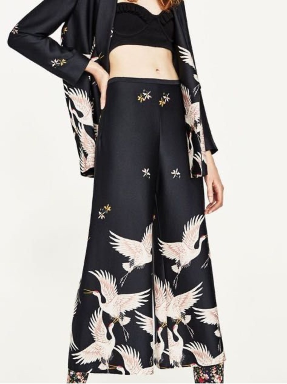 Zara NWOT Oriental Bird Crane Print Culotte Style Cropped Flare Pants (Size XS)